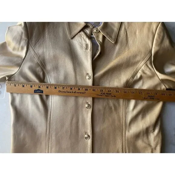 St. John Sport Button Up Gold Metallic 100% Italian Leather Jacket- Size Large